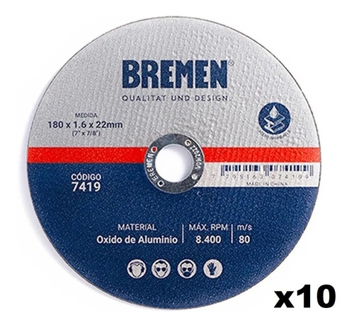 Disco Corte Metal Amoladora 180 X 1.6 Mm Bremen Caja X 10