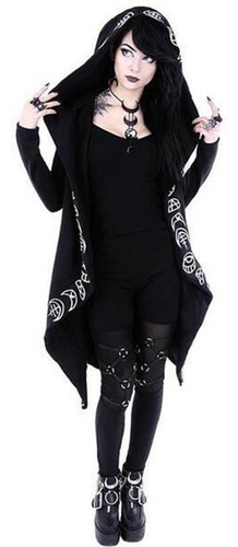 Cardigã Preto Feminino De Manga Comprida Com Estampa Punk Co