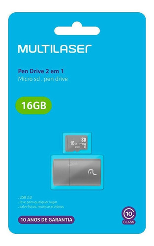 Imagem 2 de 5 de Cartão De Memória 16gb Multilaser 2x1 Classe 10 Usb Mc162