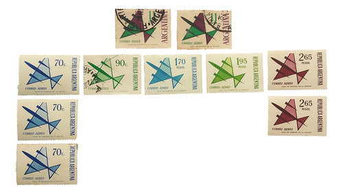 Lote De 10 Sellos Aviones Estilizados, Argentina, 1963, 1973
