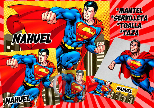 Set De Jardín Superman - Mantel + Servilleta + Toalla + Taza