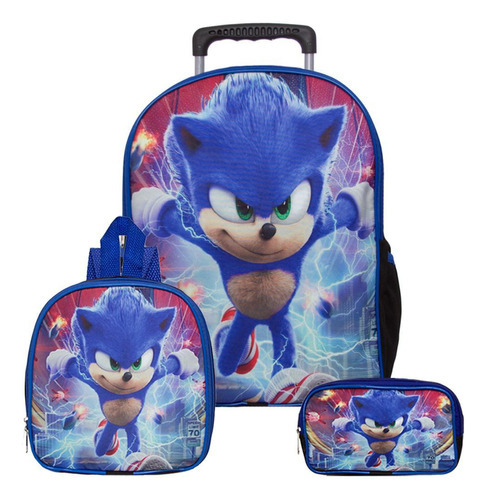 Mochila Masculina Escolar Rodinha Sonic  Lancheira E Estojo