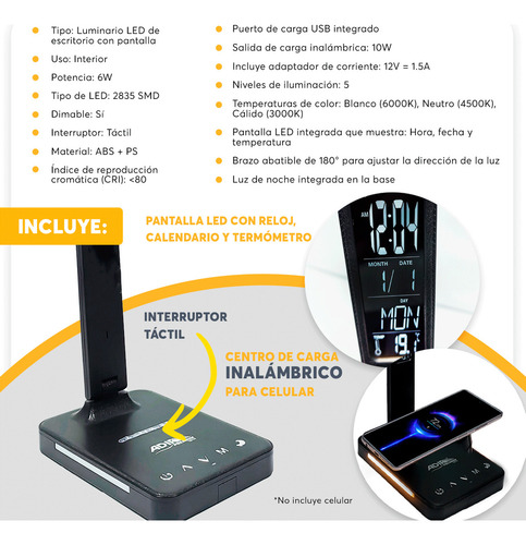 Lámpara De Escritorio Led Con Cargador Inalámbrico Reloj Adi