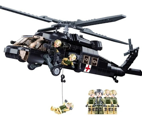 Helicóptero Combate Bloques Armar + 4 Figuras Tripulación  
