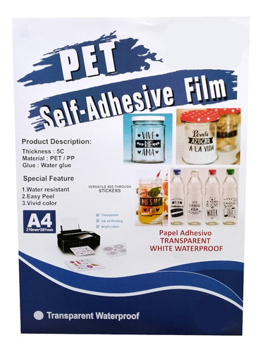 Adhesivo Pet Translúcido Inkjet Waterproof A4 X10 Hojas