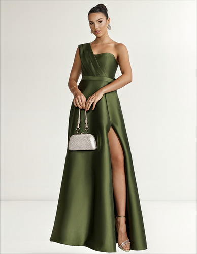 Vestido Longo De Festa Um Ombro Só Com Fenda - Verde Oliva