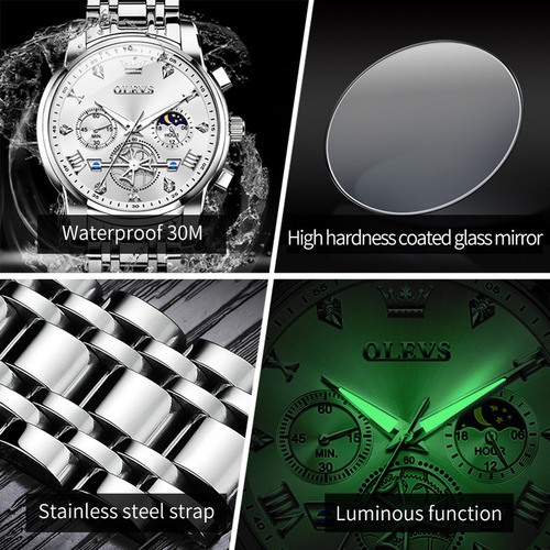 Reloj de cuarzo impermeable con cronógrafo luminoso con fondo plateado Olevs