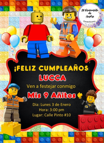 Invitacion Impresa Mundo Lego X20 Personalizada 14x9cm