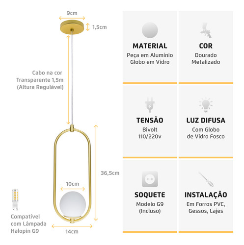 Lustre Arkom Dourado Globo De Vidro Fosco Led 110v/220v