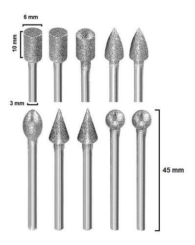 Imagen 7 de 8 de Set 10 Fresas Diamantadas +4 Brocas Metal Minitorno Dremel