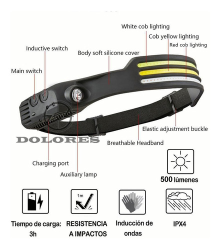 Lampara Recargable Headlamp Mano Led Tactica Sensor Linterna Blanco