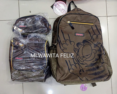 Pack Mochila Oficio Garfield Marrón + Lonchera + Cartuchera