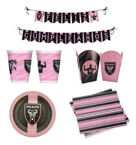 Kit Feliz Cumpleaños Banderín Plato Vaso  Inter Miami Messi