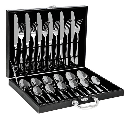 Faqueiro Inox Maleta Madeira Garfo Faca Colher 24 Peças
