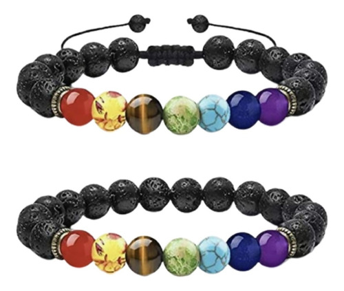 Pulseras Parejas Piedras Volcanicas 7 Chakras Yoga Reiki Color Negro Diámetro 19 cm Largo 19 cm