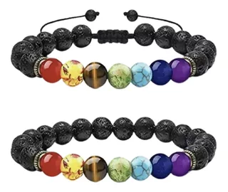 Pulseras Parejas Piedras Volcanicas 7 Chakras Yoga Reiki Color Negro Diámetro 19 cm Largo 19 cm