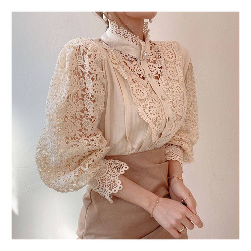 Camisa Encaje Flores Huecas Femenino Francés Ocio