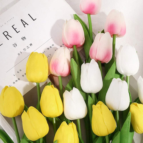 30 Tulipas Artificiais De Látex, Tulipa Realista Com Folhas