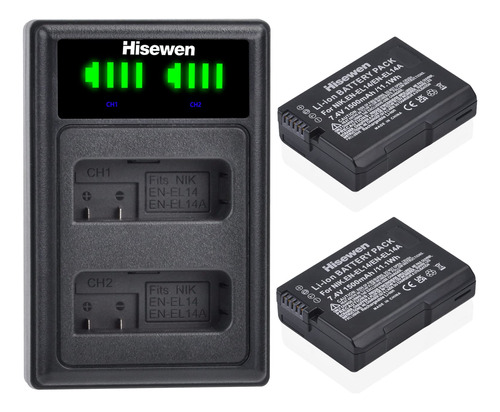 Hisewen En-el14 En-el14a Batería 2 Pack Y Led Dual Cargado.