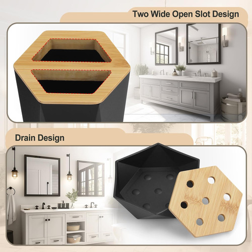 Juego De Accesorios De Baño De 9 Piezas, Color Negro Y Bambú