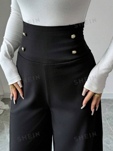 Pantalon Ancho De Tiro Alto Con Botones Falsos