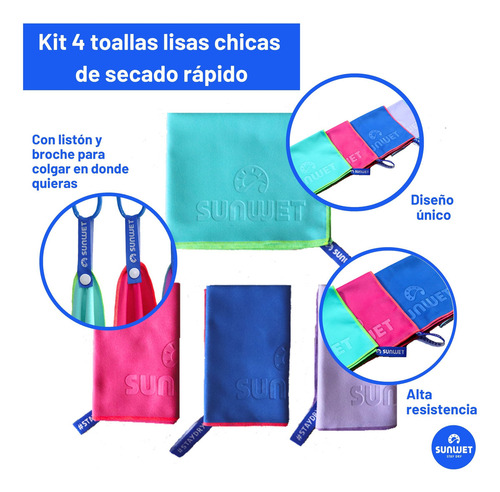 Kit 4 Toallas Microfibra Chicas 40x65cm Secado Rápido Sunwet Color Rosa / Turquesa / Lila / Azul rey Lisa