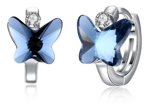 Aros Mariposa Azul Y Plateado De Diamantes Pequeño Chico 