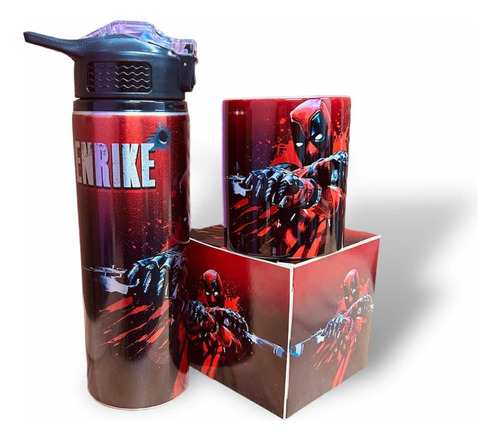 Cilindro Para Agua + Taza Diseño Deadpool Personalizado Color Rojo