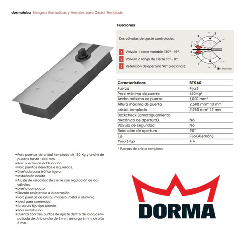3 Bisagra Hidraulica Dorma Bts60 Para 80 Kg/1.00m, Con Tapa