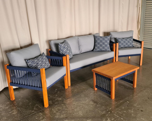 Conjunto Sofá + Poltrona + Mesa De Centro Área Externa Cor Azul e Branco