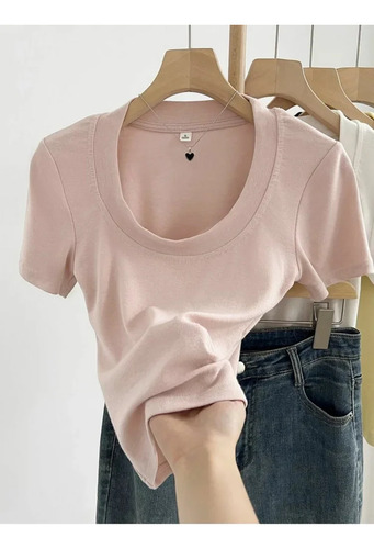 Camiseta De Verano Con Cuello En U Y Corte Ajustado De Manga
