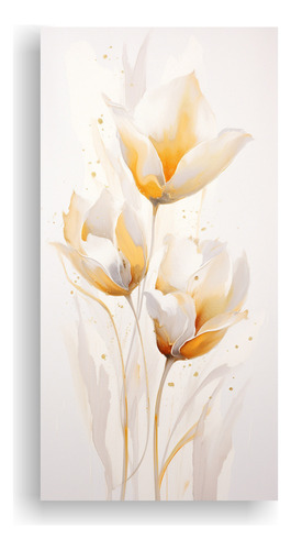 60x30cm Cuadro Decorativo Acuarela Tulipanes Blanco Dorado M