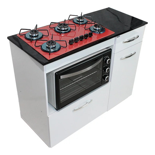 Kit Balcão Violeta Ipê + Cooktop Vermelho 5 Bocas Bivolt Cha Cor Branco 110v/220v