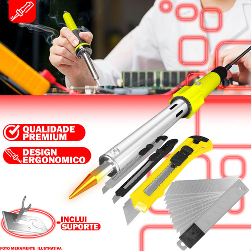 Ferro De Solda Com Suporte 100w Lápis 220v Ponta Fina E Kit Estilete Com Trava 10 Lamina