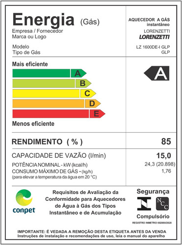 Aquecedor A Gás Lorenzetti Lz 1600 De I Inox 15 Litros Glp