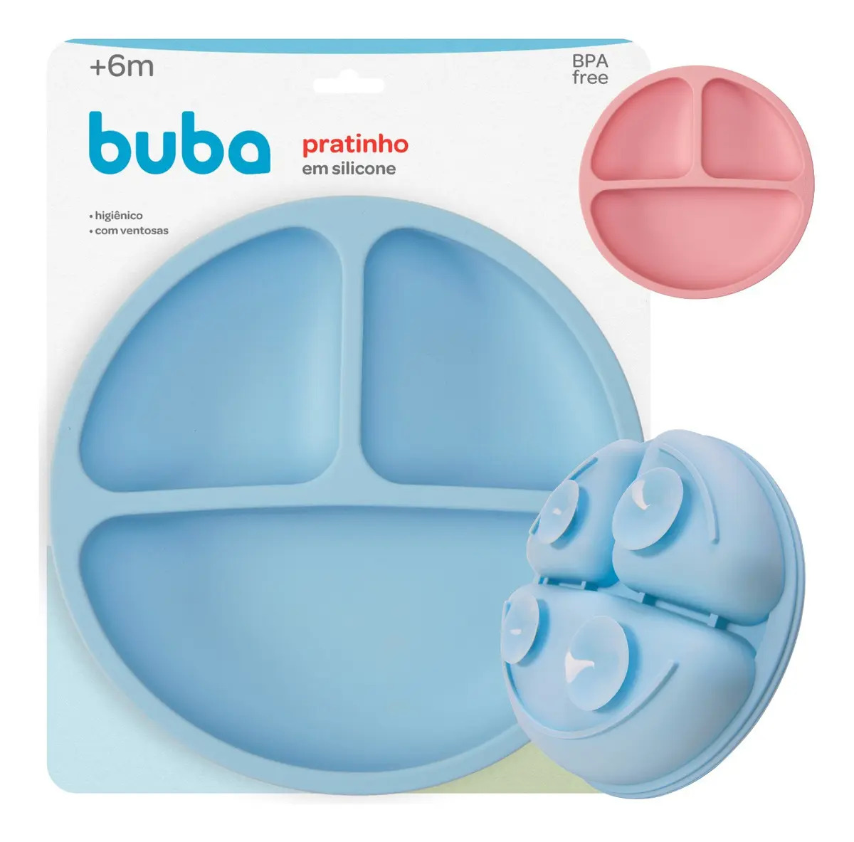 Prato Refeição Infantil Silicone C/ 3 Divisória Ventosa Buba Cor Azul