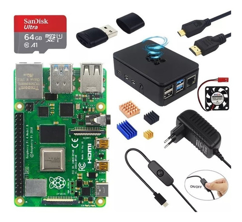 Imagem 1 de 5 de Kit Raspberry Pi4 4gb De Ram C/ Case+cartão 64gb +hdmi+fonte