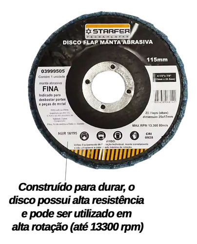 Disco Flap Com Manta Desbaste 4.1/2 Pol. Fina Azul Starfer