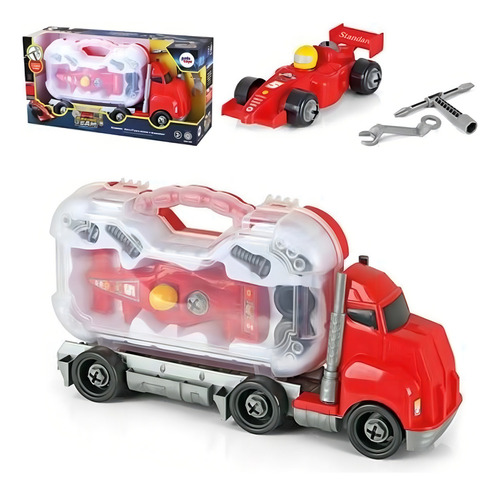 Caminhão Formula 1 Com Ferramentas E Carro Para Montar Cor Vermelho