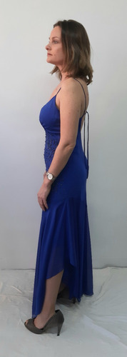 Vestido Gasa Azul Francia Fiesta Largo Frente Con Piedras (Usado)