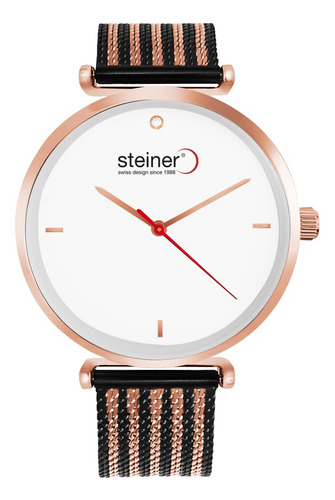 Reloj Para Mujer Análogo Steiner 40 Mm Diseño Tejido 3 Atm Correa Negro Bisel Oro Rosa Fondo Blanco