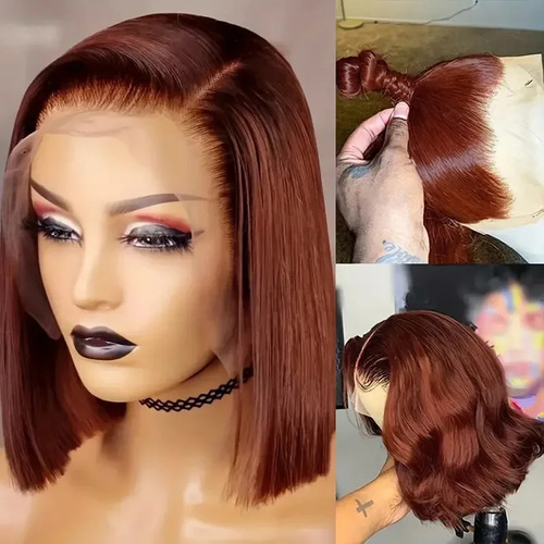 Rojo Vino, 32 Pulgadas, Peluca Corta Tipo Bob Con Encaje En