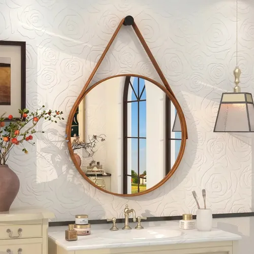 Espelho Redondo 60cm Adnet Alça de Couro Caramelo Dupla Costura e Suporte em Alumínio Quarto, Banheiro, Sala MF901