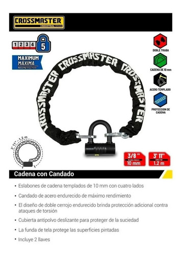 Imagen 2 de 3 de Cadena Seguridad Anticorte 1.2m P Moto C Candado Crossmaster