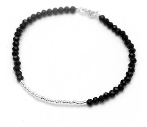 Pulsera Cristales Checos Negros Y Bolitas 17cm De Plata 925