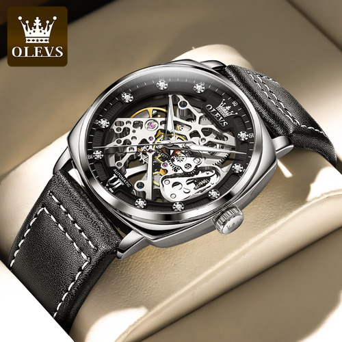 Olevs Leather Hollow Out Reloj Mecánico Para Hombre Color Del Bisel Silver Black