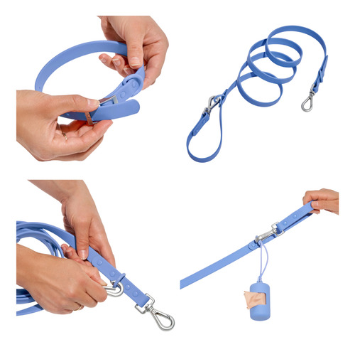 Juego De Collar Y Correa Para Perros Con Porta Bolsas Azul Xs