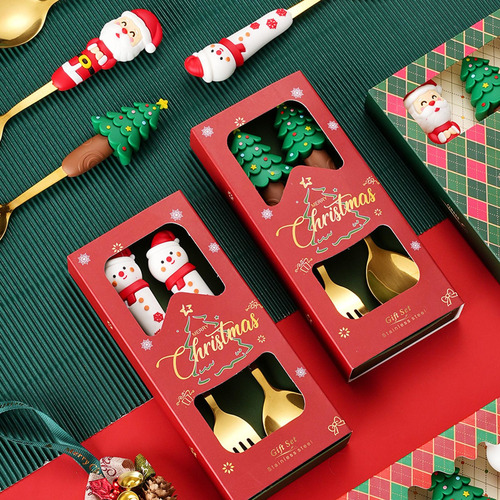 3 Juego De 2 Tenedores Y Cucharas Navideñas, Papá Noel