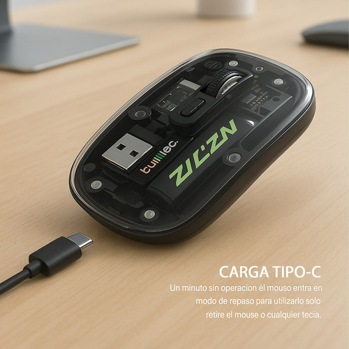 Mouse Inalambrico Recargable Usb-c 2.4ghz Bluetooth Bulltec Negro