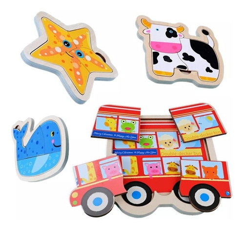 Imagen 3 de 4 de Combo De 3 Rompecabezas Madera 3d Montessori Animales